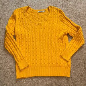 Bright Golden Yellow Cotton V-Neck Cable Sweater 1X